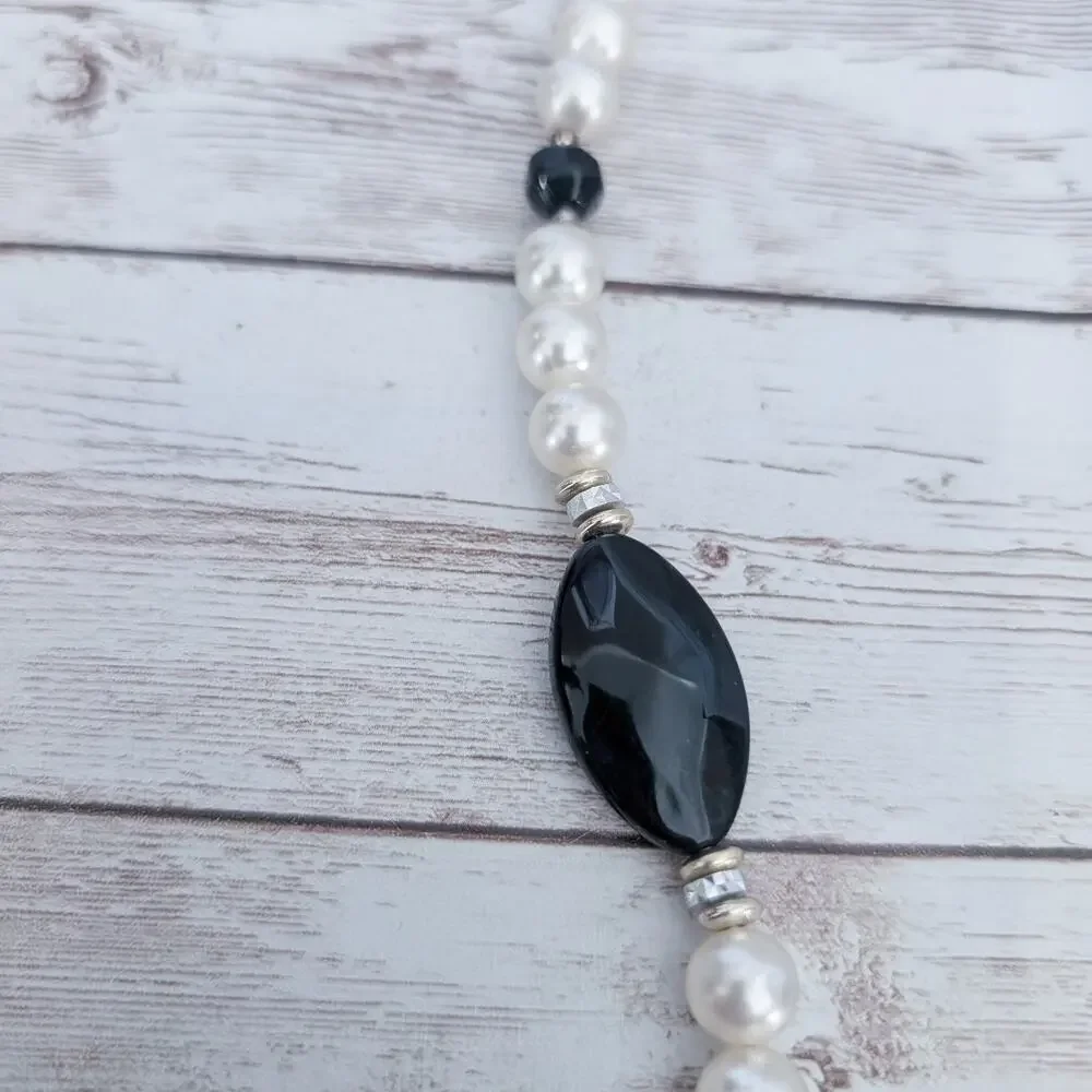 Vintage Necklace Long Faux Pearl with Black & Gold Tone/Silver Tone Accents